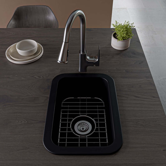 Alfi 13" x 19" Dual Mount Fireclay Prep Sink - ABF1319UD with modern faucet and grid.