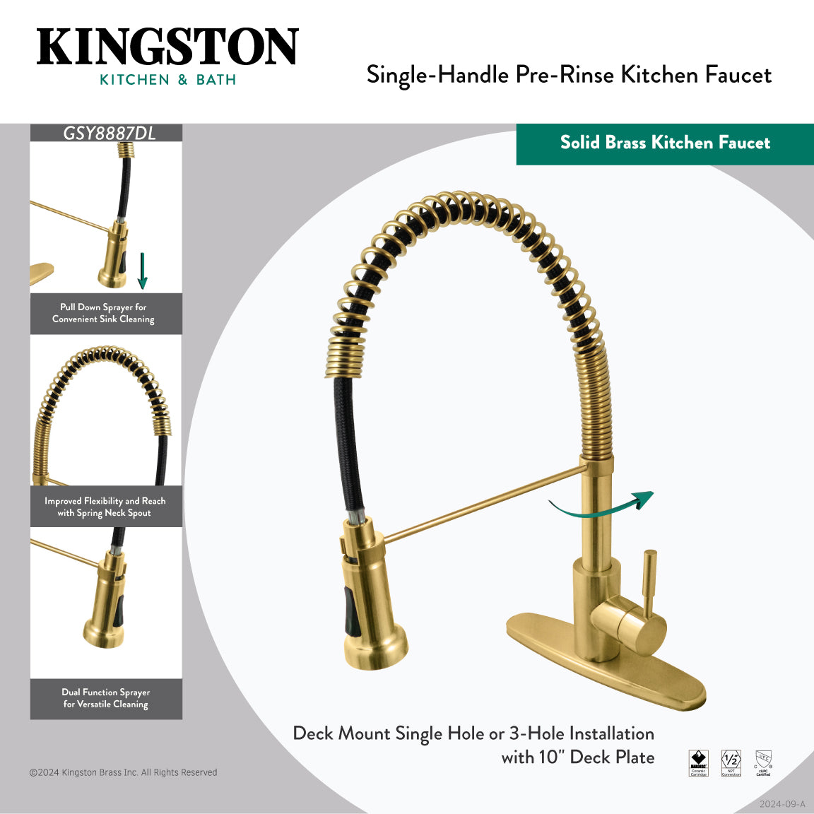 Gourmetier GSY8887DL Concord Single-Handle Deck-Mount Pre-Rinse Kitchen Faucet, Brushed Brass featuring pull-down sprayer.