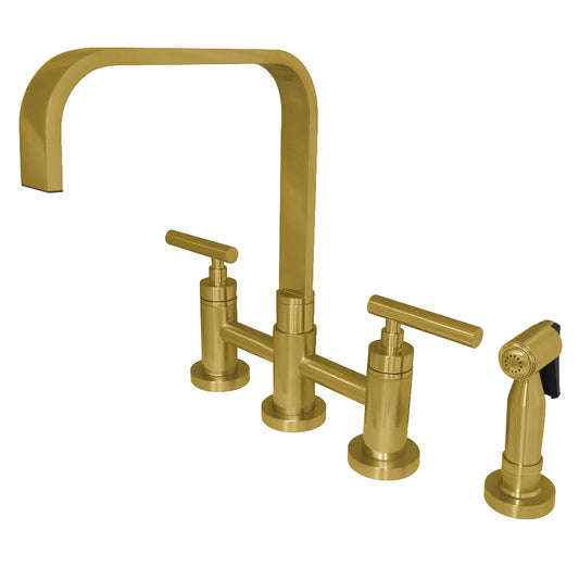 Kingston KS8257CMLBS Manhattan Bridge Kitchen Faucet with Brass Sprayer, Brushed Brass design and sleek finish.