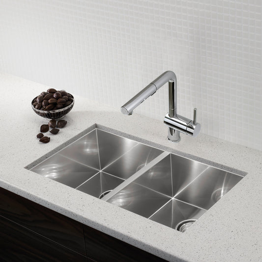 BLANCO Quatrus R0 32" 50/50 Double Bowl Undermount Stainless Steel Kitchen Sink with contemporary faucet and countertop.