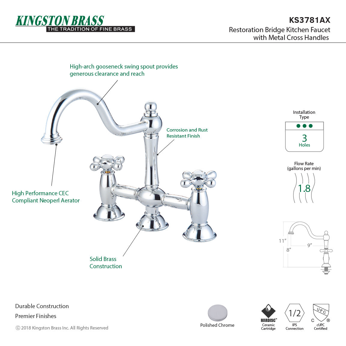 Kingston KS3788AX Restoration Bridge Kitchen Faucet, Brushed Nickel with gooseneck spout and cross handles.
