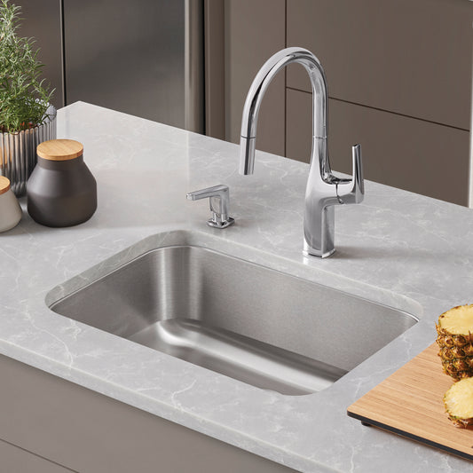 BLANCO Stellar 28" Single Bowl Undermount Stainless Steel Kitchen Sink with modern faucet on marble countertop.