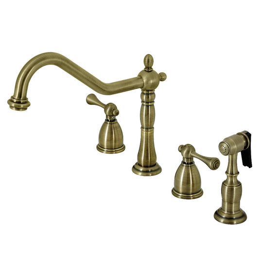 Kingston Brass KB1793BLBS Heritage Double-Handle Widespread Kitchen Faucet with Brass Sprayer, Antique Brass