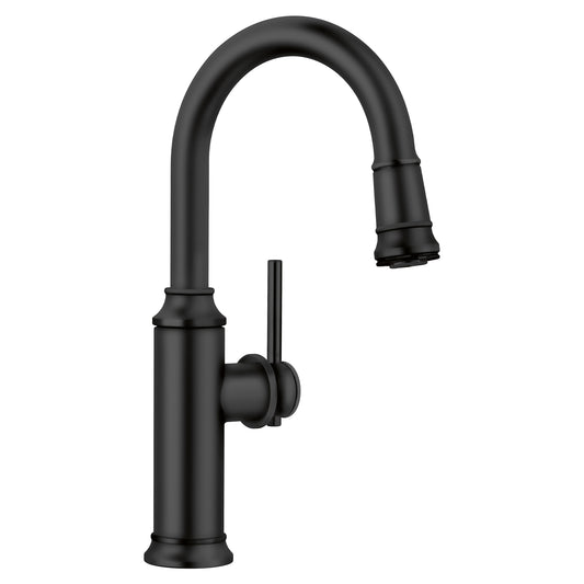 BLANCO Empressa Pull-Down Bar Faucet in black finish, showcasing vintage wine press design for kitchens.