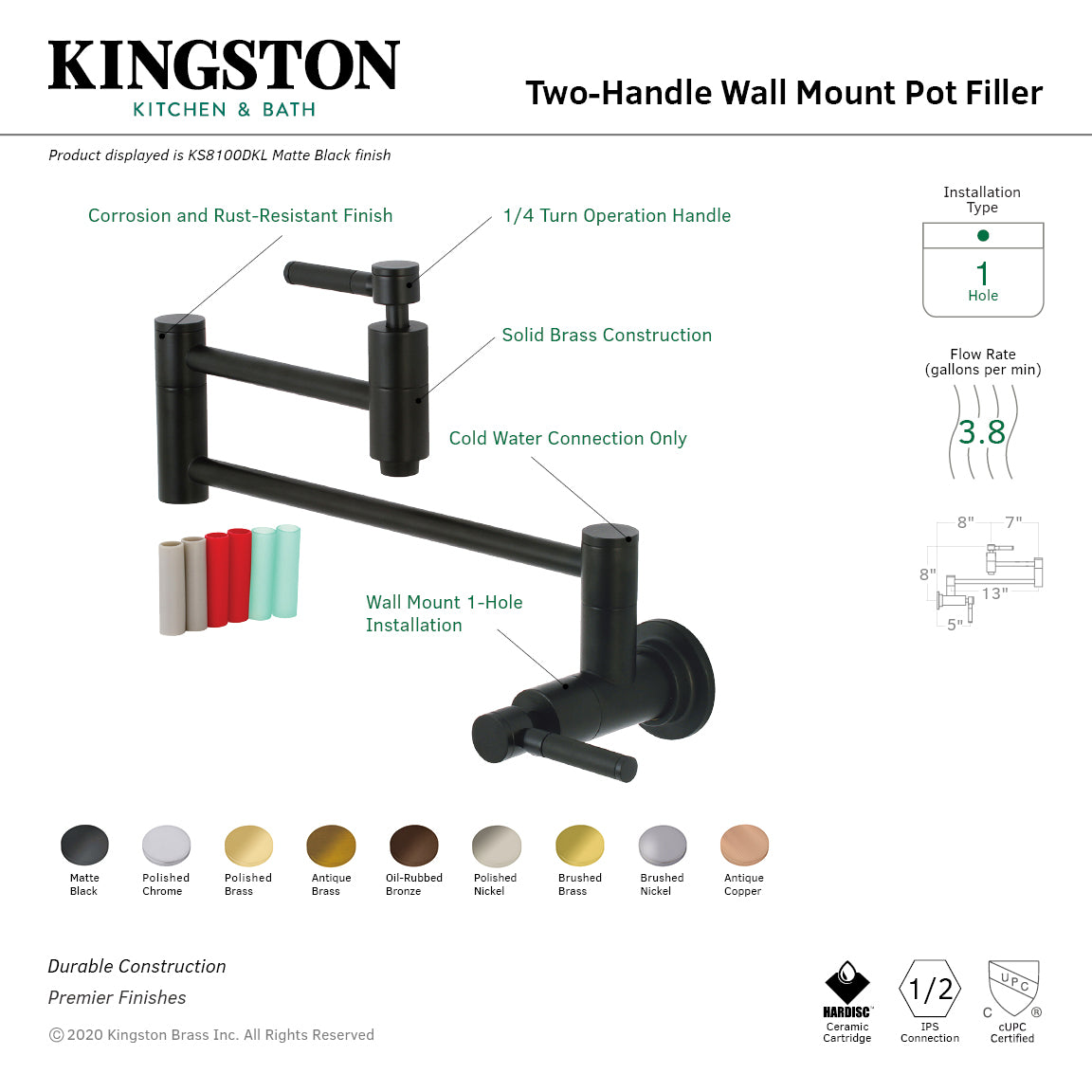 Kingston Brass KS810DKLAC Kaiser Wall Mount Pot Filler Faucet, Antique Copper, featuring bold design and foldable swing arms.