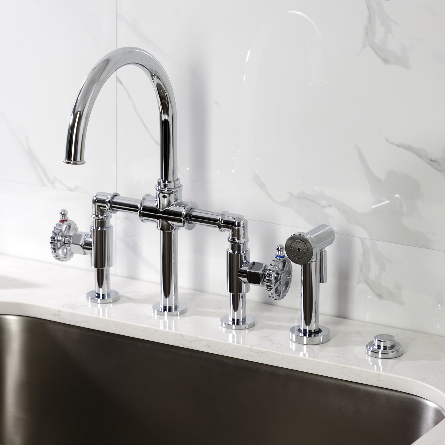 Kingston KS2334CG Fuller Industrial Style Bridge Kitchen Faucet with Brass Sprayer, Black Stainless in a modern kitchen setting.