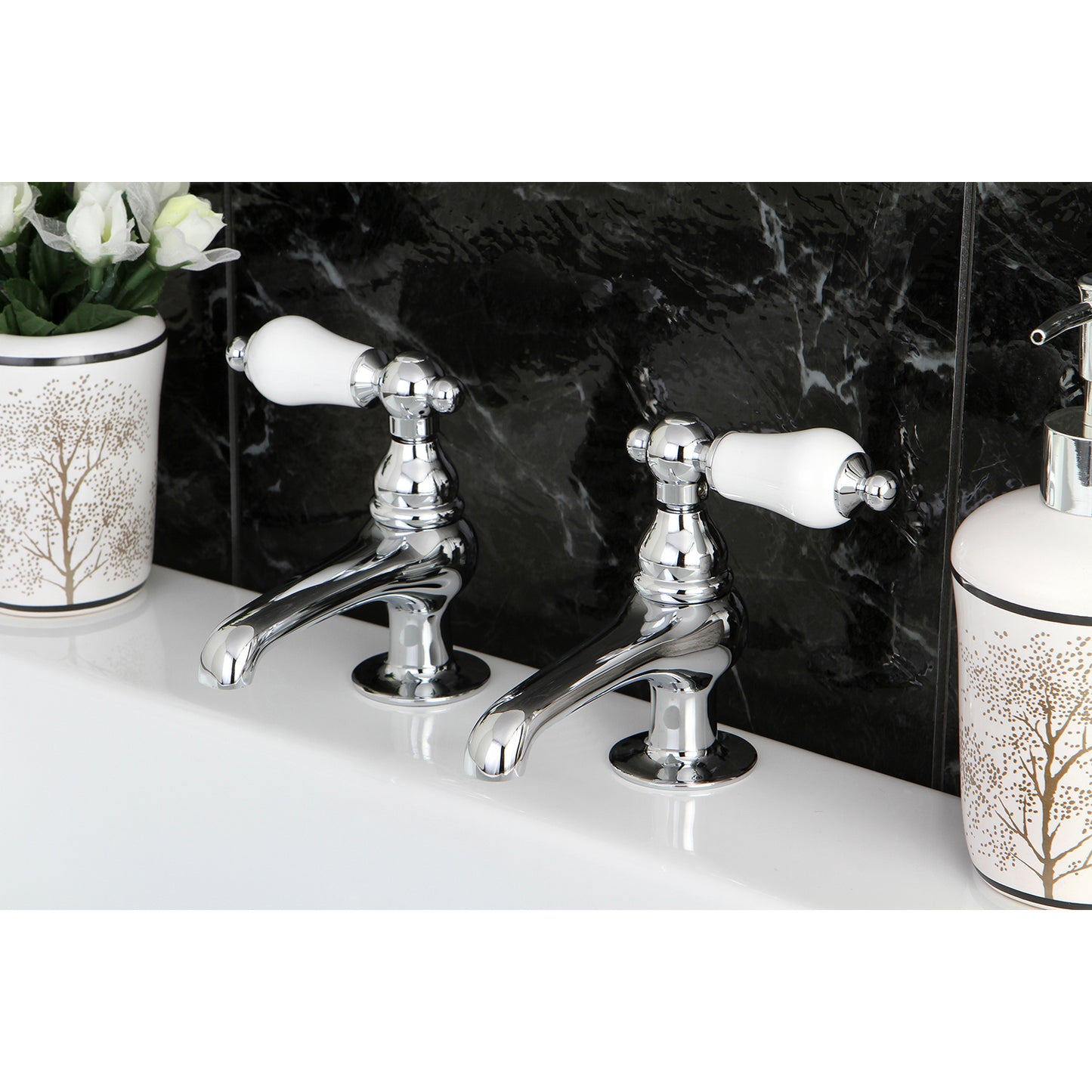 Kingston Brass CC5L8 Vintage Basin Tap Faucet with Porcelain Lever Handle right side view installation in stylish bathroom setting.