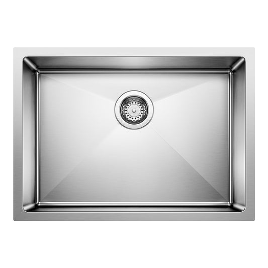 BLANCO Cuvee R15 25" Single Bowl Undermount Stainless Steel Kitchen Sink top view with drain