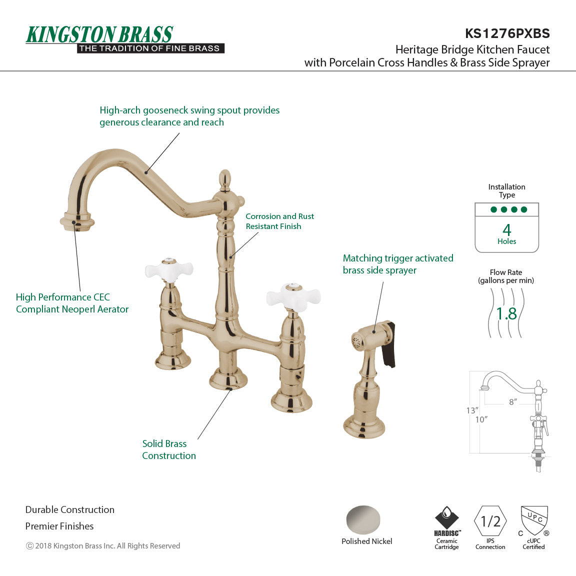 Kingston Brass Heritage Bridge Kitchen Faucet with Brass Sprayer and Cross Handles in Polished Nickel.