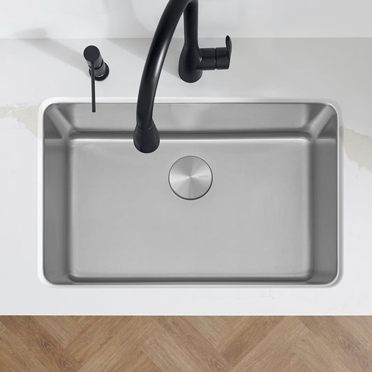 BLANCO Formera 28" Single Bowl Undermount Stainless Steel Kitchen Sink with modern faucet design.
