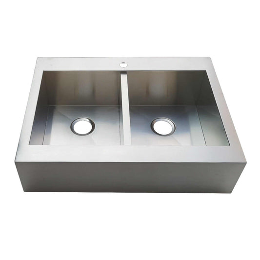 Kingston Brass 36" Apron Front Double Bowl Farmhouse Kitchen Sink - Brushed Stainless Steel top view with double bowl.