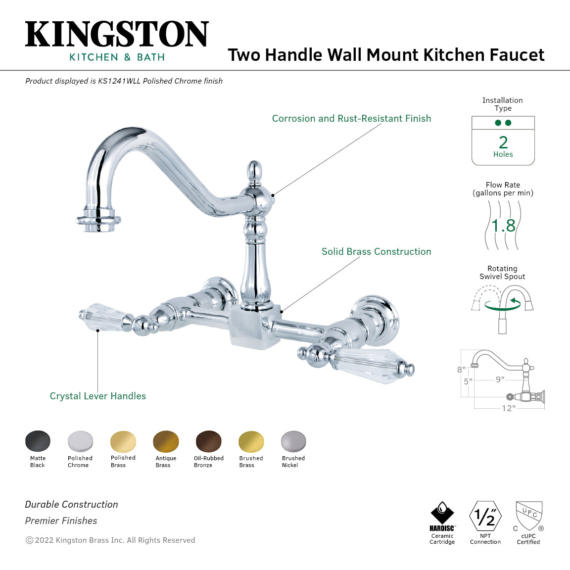 Kingston KS1243WLL Wilshire Two-Handle Wall Mount Bridge Kitchen Faucet, Antique Brass with crystal lever handles.