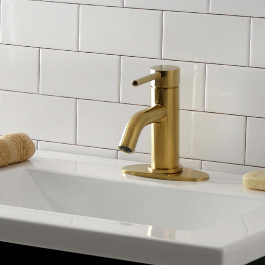 Kingston Brass LSF8223DL Concord Single-Handle Bathroom Faucet on a white countertop with a towel.