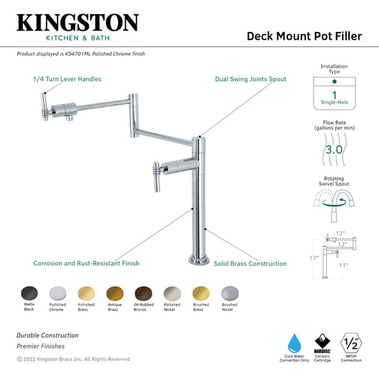 Kingston Brass KS4703ML Milano Deck Mount Pot Filler Faucet, Antique Brass with dual swing joints spout.