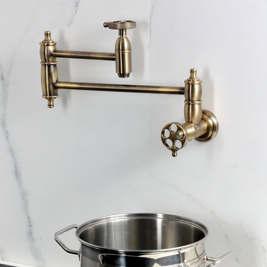 Kingston Brass KS3103RKZ Wendell Wall Mount Pot Filler Faucet with Knurled Handle, Antique Brass on wall