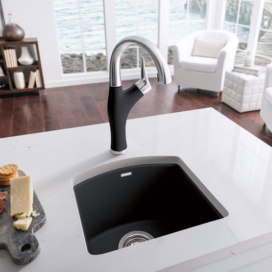 BLANCO Diamond SILGRANIT 15" Dual Mount Bar Sink featuring sleek faucet and contemporary design in kitchen setting.