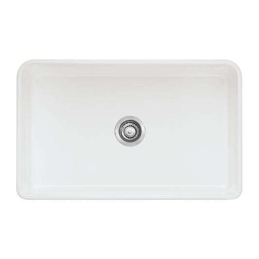 Cerana 30" Fireclay Single Bowl Apron-Front Farmhouse Sink - White top view showcasing smooth, glossy surface and drain.