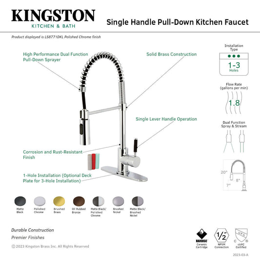 Kingston Brass LS8773DKL Kaiser Pre-Rinse Kitchen Faucet right side view showcasing dual function sprayer and single lever handle.