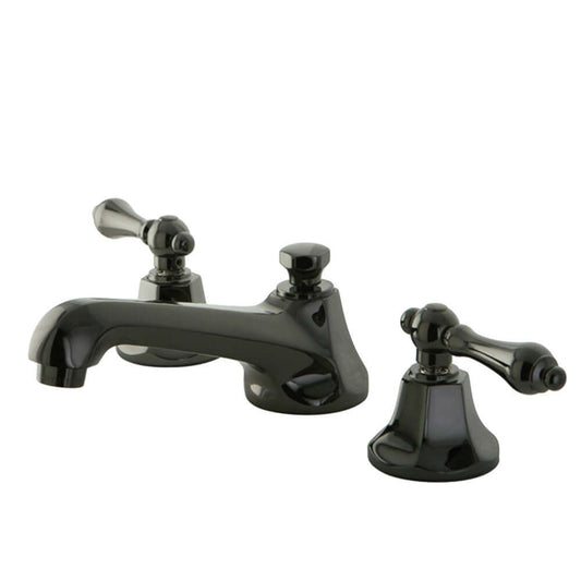 Kingston Brass NS4460AL Water Onyx Widespread Bathroom Faucet right side view with sleek lever handles.