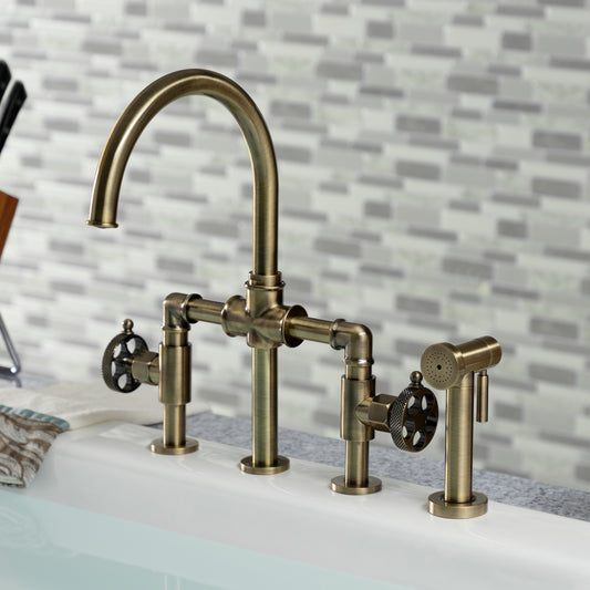 Kingston KS2333RKX Webb Knurled Handle Bridge Kitchen Faucet with Brass Sprayer, Antique Brass