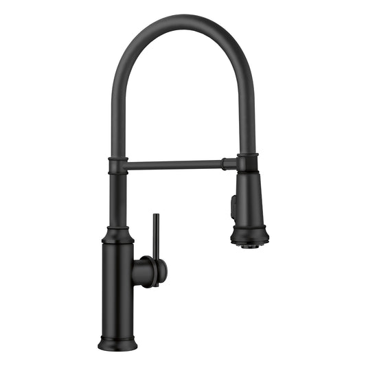 BLANCO Empressa Semi-Pro Pull-Down Dual-Spray Kitchen Faucet in black finish with spring coil design.