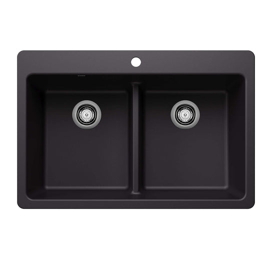 BLANCO Liven SILGRANIT 33" 50/50 Double Bowl Dual Mount Kitchen Sink with Low Divide in black finish.