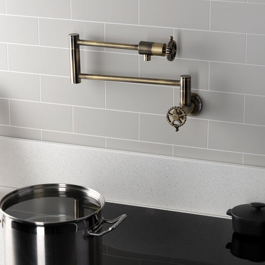 Kingston Brass KS4103CG Fuller Wall Mount Pot Filler Faucet, Antique Brass with foldable swing arms and pot.