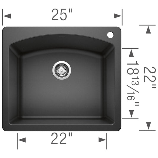 BLANCO Diamond SILGRANIT 25" Single Bowl Dual Mount Kitchen Sink top view with dimensions