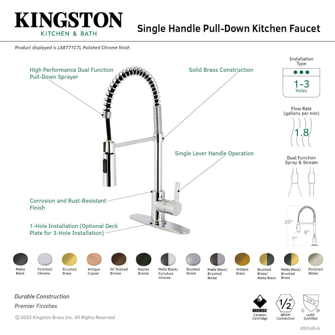 Kingston Brass LS877CTLAB Continental Pre-Rinse Kitchen Faucet with high performance dual function sprayer, solid brass construction.