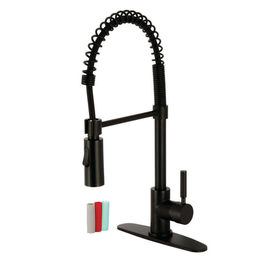 Kingston Brass LS8773DKL Kaiser Pre-Rinse Kitchen Faucet in matte black, showcasing ergonomic design and high-arching spout.