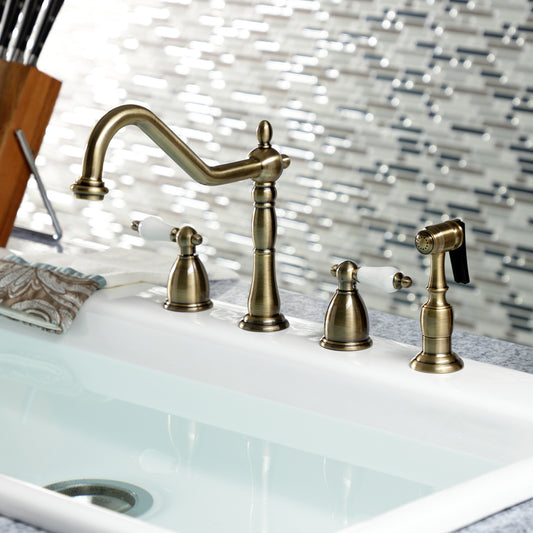 Kingston Brass KB1793PLBS Heritage Double-Handle Widespread Kitchen Faucet with Brass Sprayer, Antique Brass