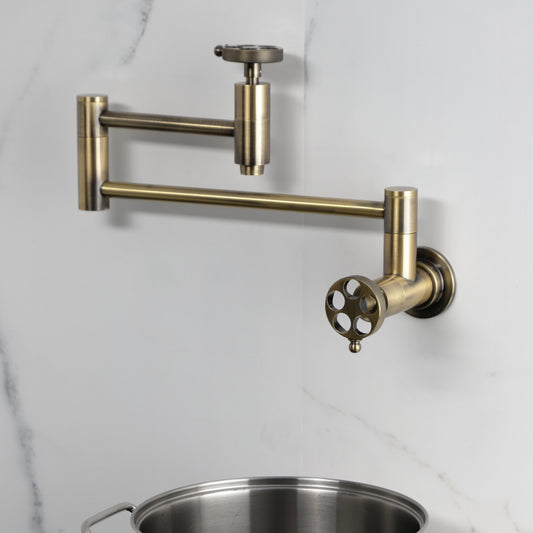 Kingston Brass KS8103RKZ Wendell Wall Mount Pot Filler Faucet with Knurled Handle, Antique Brass