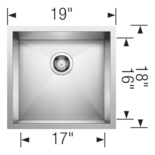BLANCO Precision R0 19" Single Bowl Undermount Stainless Steel Kitchen Sink dimensions and layout top view