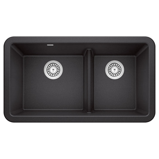 BLANCO Ikon SILGRANIT 33" Double Bowl Apron-Front Farmhouse Sink with Low Divide top view.