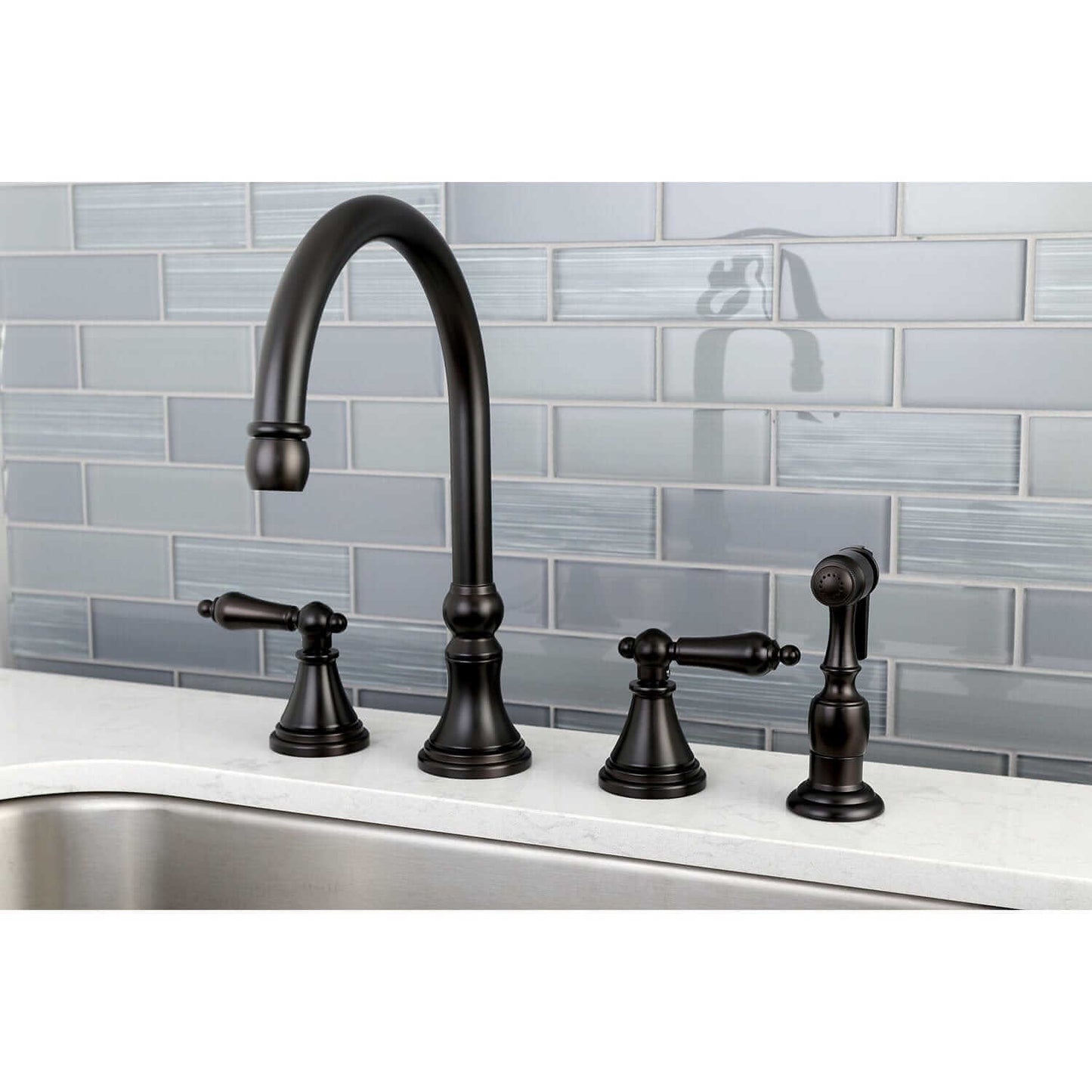 KINGSTON Brass Widespread Kitchen Faucet with Side Sprayer - KS2798ALBS left side view showcasing faucet and side sprayer