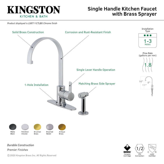 Kingston Brass LS8713CTLBS Continental Kitchen Faucet with Brass Side Sprayer chrome finish left side view with details