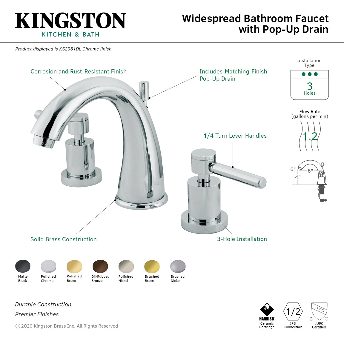 Kingston Brass KS2967DL Concord Widespread Bathroom Faucet showcasing a polished chrome finish and sleek lever handles.