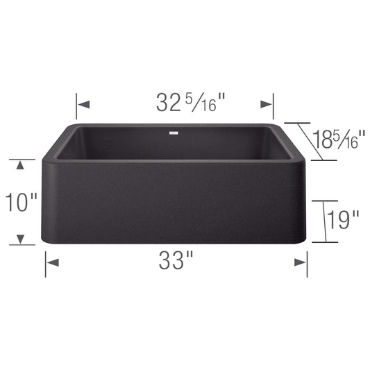BLANCO Ikon SILGRANIT 33" Single Bowl Apron-Front Farmhouse Sink dimensions and detailed design view.