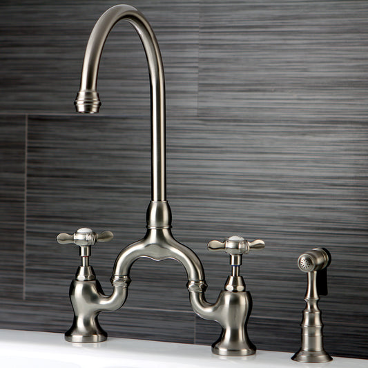 Kingston KS7798BEXBS Essex Bridge Kitchen Faucet with Brass Sprayer, Brushed Nickel
