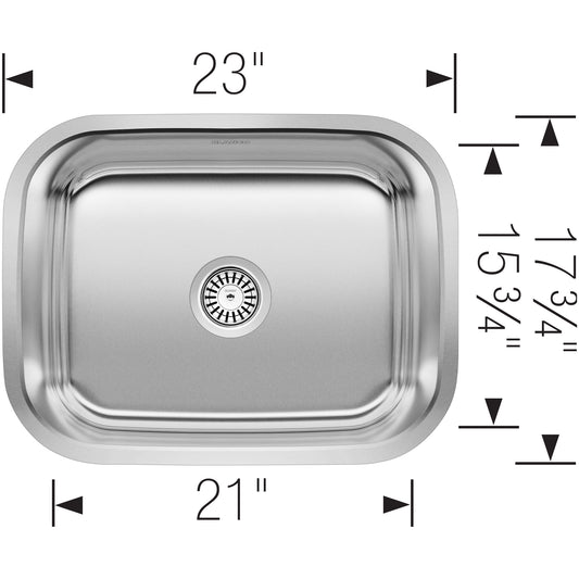 BLANCO Stellar 23" Single Bowl Undermount Stainless Steel Laundry Sink dimensions measuring 23-inch by 21-inch.
