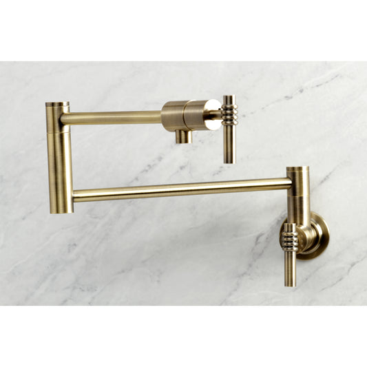 Kingston Brass KS4103ML Milano Wall Mount Pot Filler Faucet, Antique Brass close-up view on marble background