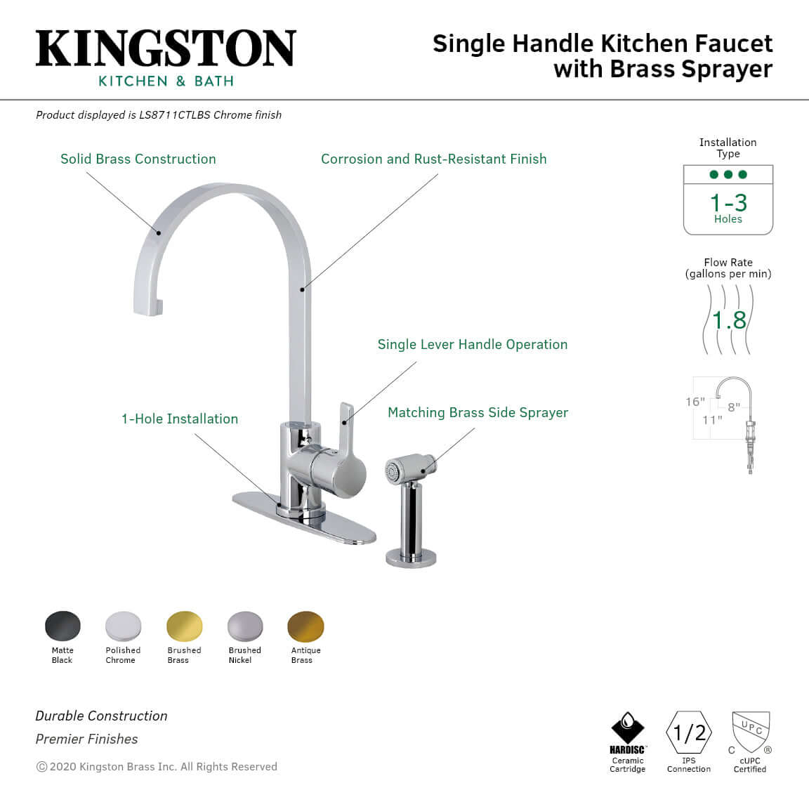 Kingston Brass LS8713CTLBS Continental Kitchen Faucet with Brass Side Sprayer right side view showcasing modern design and side sprayer.