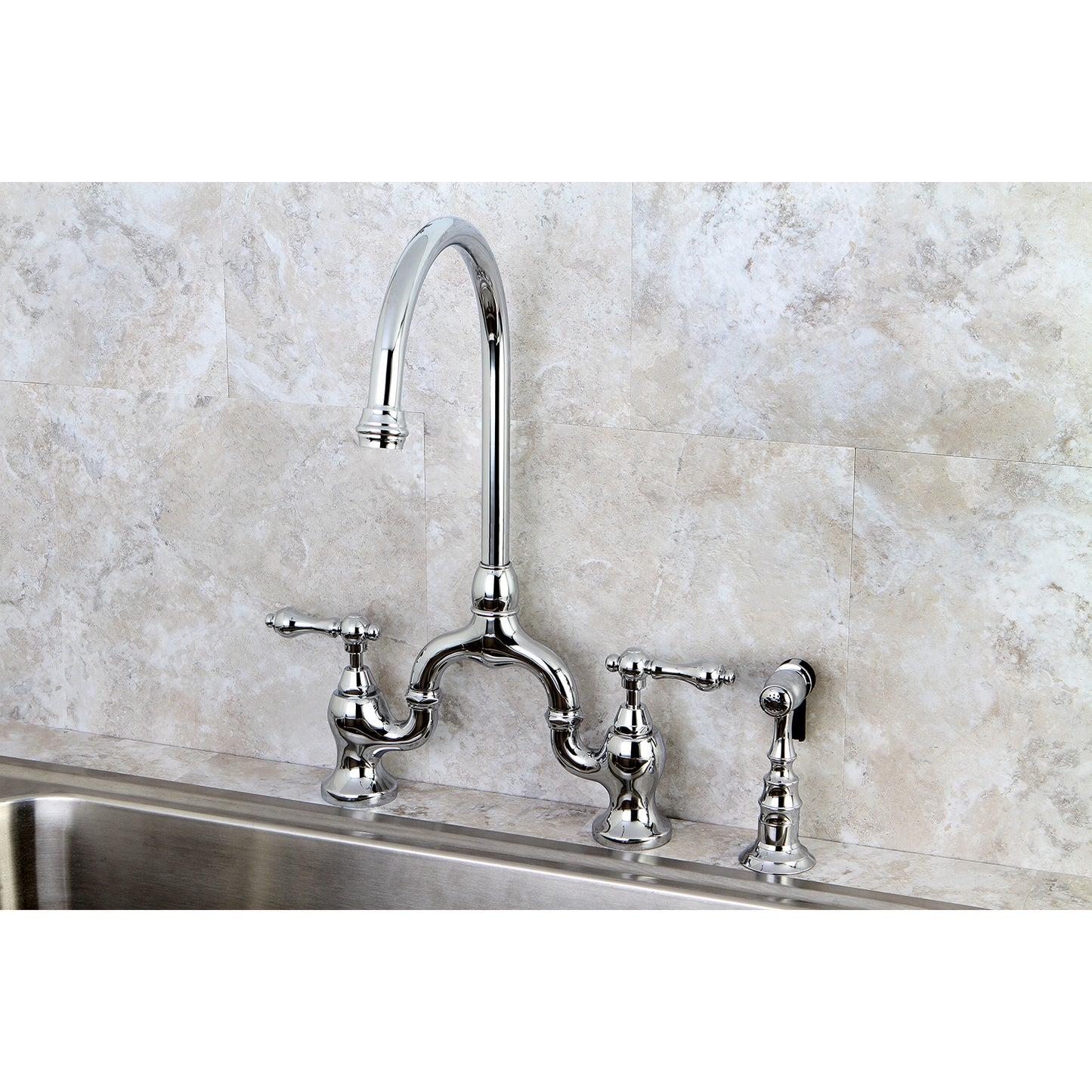 Kingston KS7793ALBS English Country Bridge Kitchen Faucet with Brass Sprayer, Antique Brass in a stylish kitchen setting.