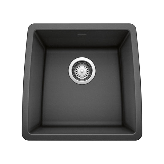 BLANCO Performa SILGRANIT 17" Undermount Bar Sink in sleek black finish with stainless steel drain.