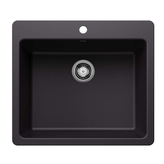 BLANCO Liven SILGRANIT 25" Single Bowl Dual Mount Kitchen Sink in black with a sleek design and central drain.