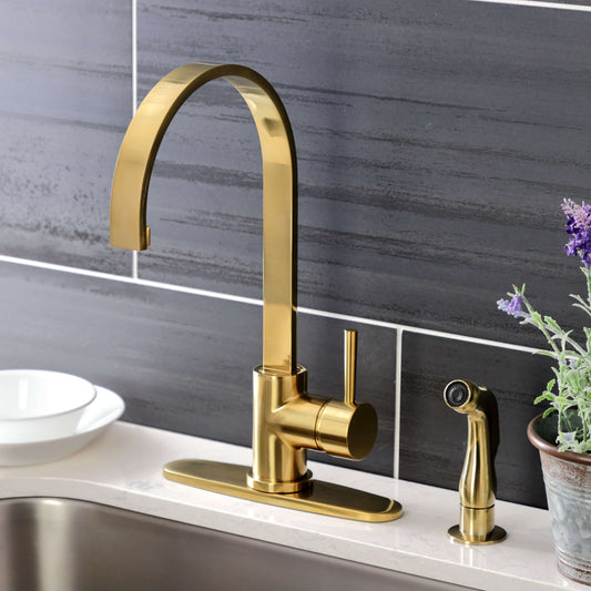 Kingston Brass LS8713DLSP Concord Kitchen Faucet with Side Sprayer left side view on sink countertop
