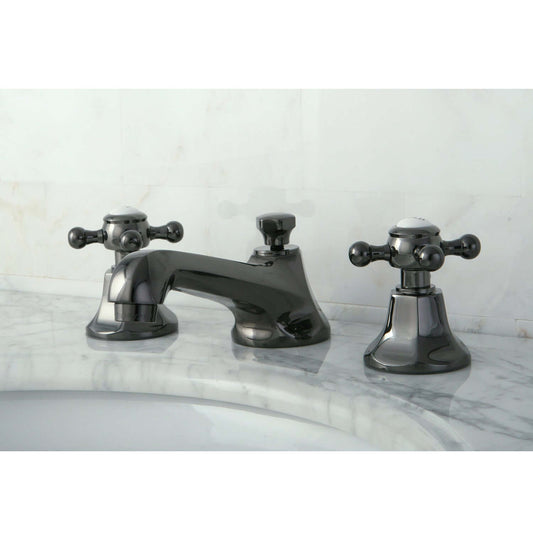 Kingston Brass NS4460BX Water Onyx Widespread Bathroom Faucet top view showing cross handles and sleek spout design.