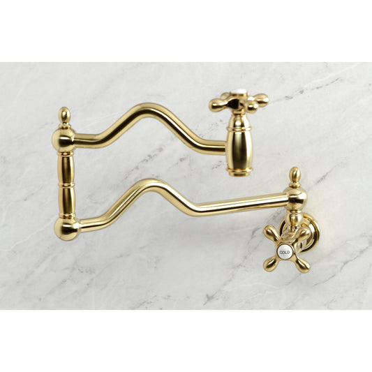 Kingston Brass KS2107AX Heritage Wall Mount Pot Filler Faucet, Brushed Brass with swing arms on a marble background.
