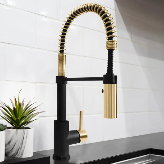ZLINE Sierra Kitchen Faucet with spring-loaded spray wand and gold accents in modern kitchen setting.