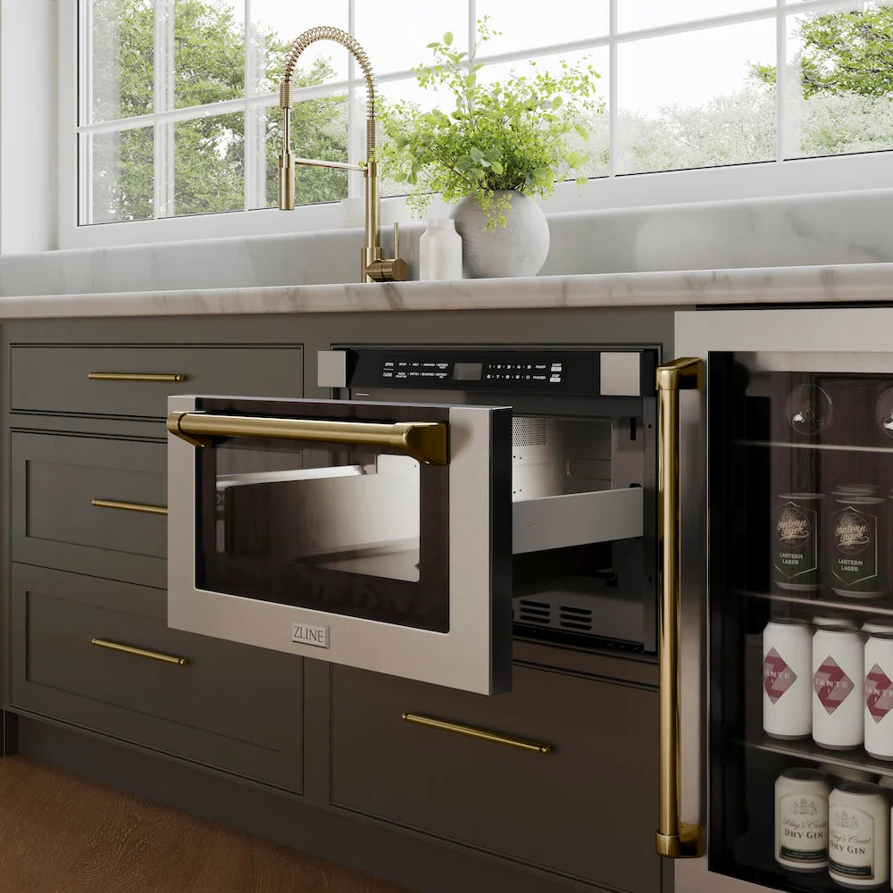 ZLINE Sierra Kitchen Faucet featured above a modern kitchen with a built-in oven and open shelves.